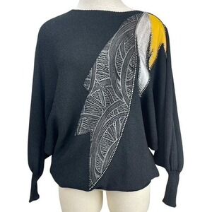 Vintage 80s Womens (L)‎ Black Knit Batwing Sweater Leather Applique Mobwife